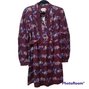 Anthropologie Burgundy Floral Mini Dress Boho Hippie Large
